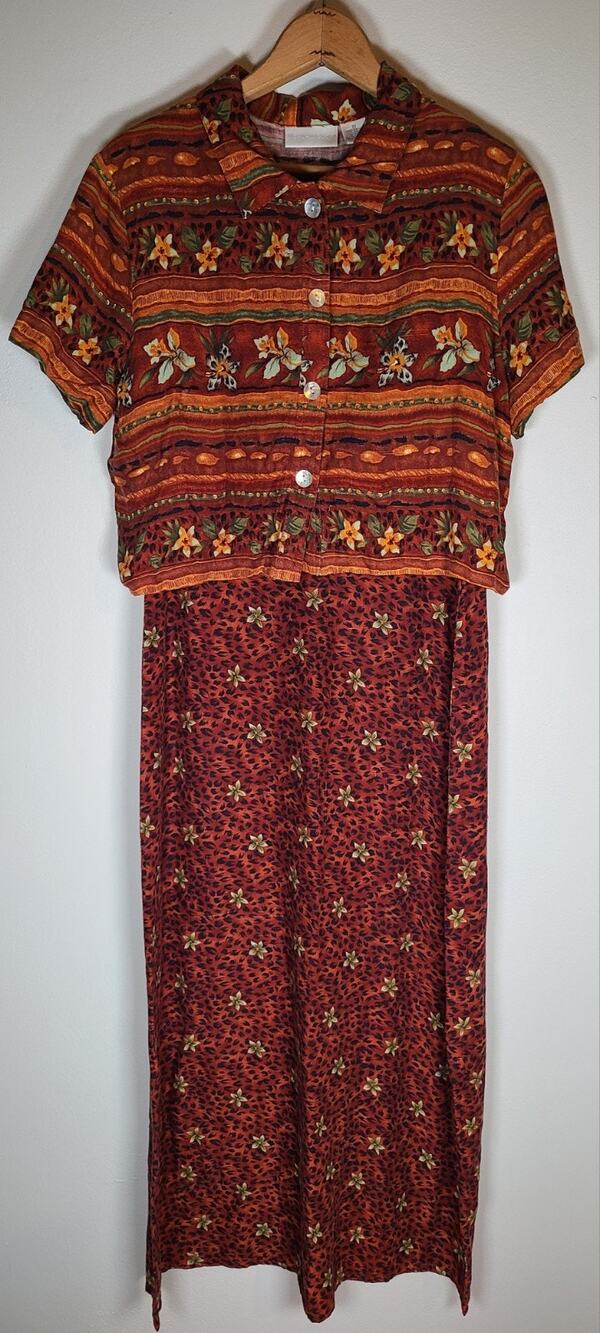 Worthington Sz 10 Maxi Dress & Crop Top 2 Pc Animal Floral Rayon Grunge Teacher
